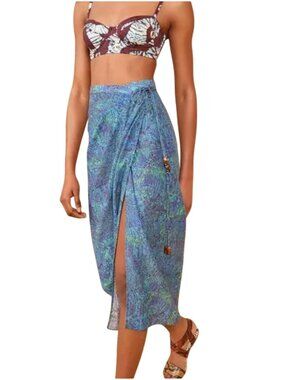 Ulla Johnson Freya Coverup skirt Lagoon Blue OS Floral Print Wrap Midi Beach